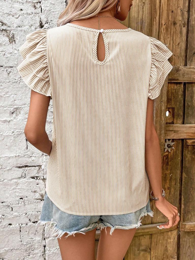 Women's Summer New Style Round Neck Striped Ruffles Sleeve Shirt Top
