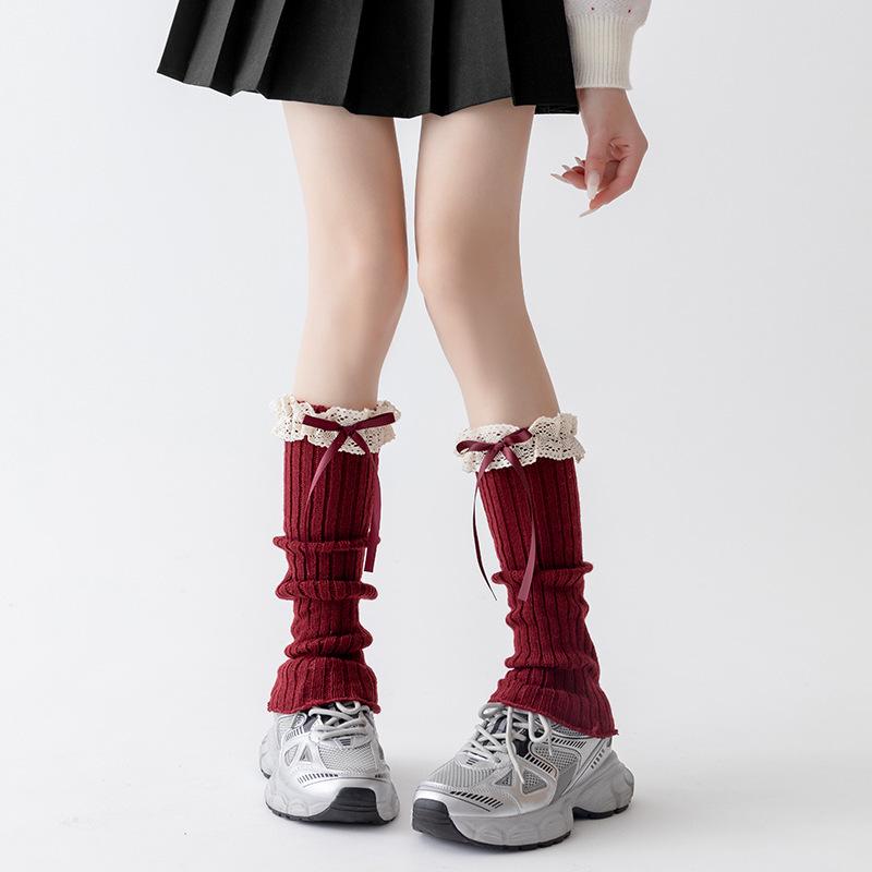 Angora Red Lolita Lace Calf Socks for Women - Korean Style Autumn/Winter Ballet Leg Warmers, Perfect for New Year and Christmas.