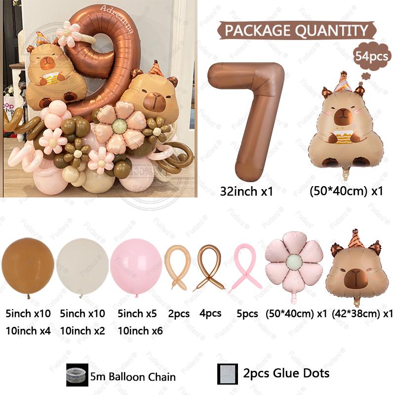 

54pcs Retro Caramel Color Balloons Set Capybara Aluminum Foil Balloon Digital 1-9 Aluminum Film Ballons Birthday Party Supply As The Picture