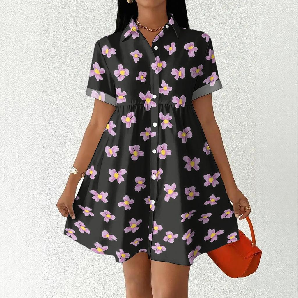Women’s Casual Loose Fit Shirt Dress with Button Front Stand Collar Short Sleeve Polka Dot and Stripe Print Design