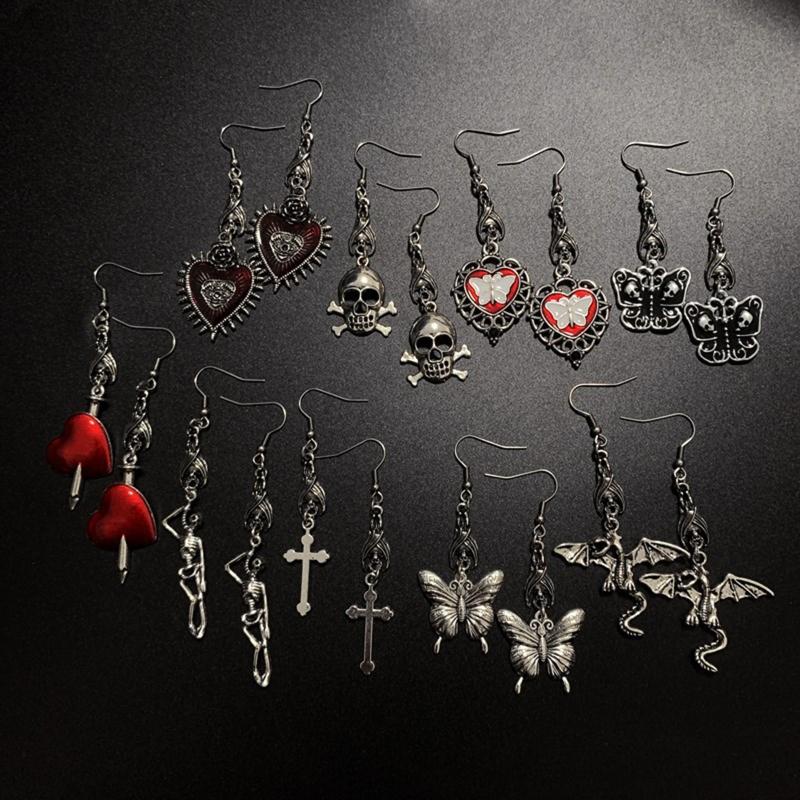9x Goth Mysterious Drop Earring Jewelry Rose Heart for Butterfly Bat Skull for Cross Pendant Charm Vintage Earring For W