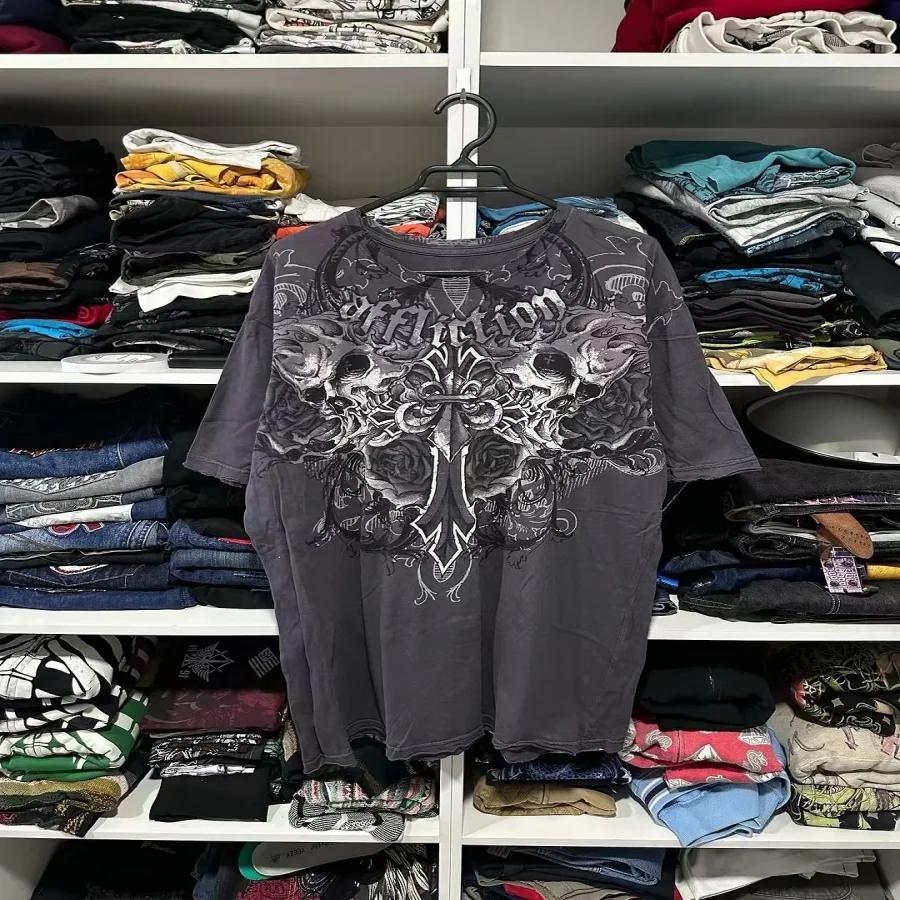 Y2K Style Gothic Affliction Distressed Cotton Shirt Oversized Punk Graphic Print Washed Soft Round Neck Tee Retro Short sleeve