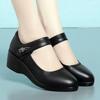 Wedge heel medium single shoes spring new soft leather soft sole one word with middle heel round head non-slip leather shoes