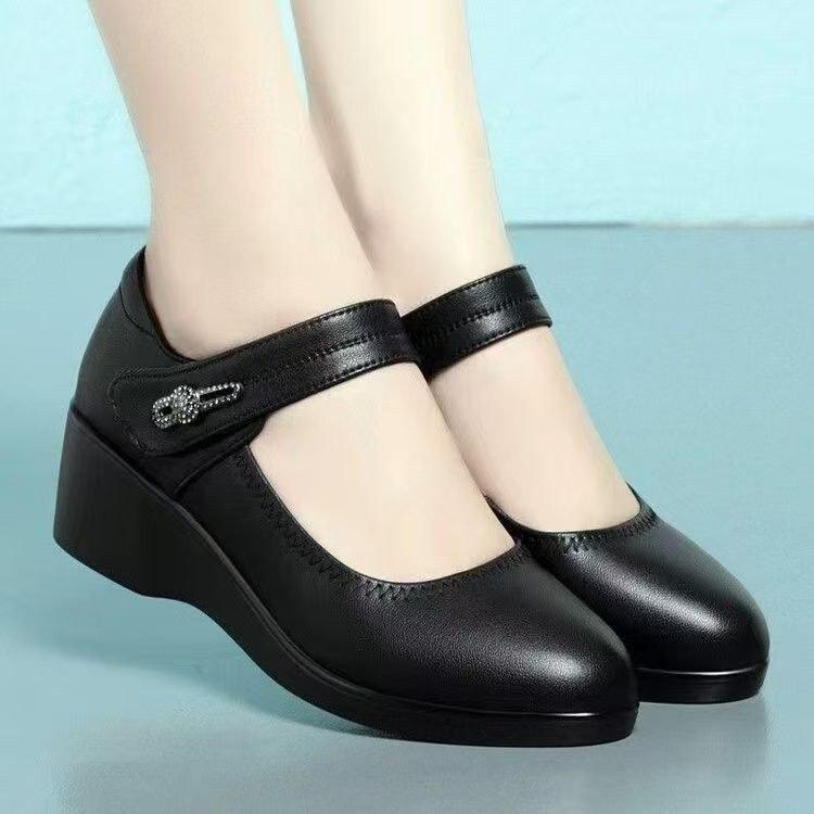 Wedge heel medium single shoes spring new soft leather soft sole one word with middle heel round head non-slip leather shoes
