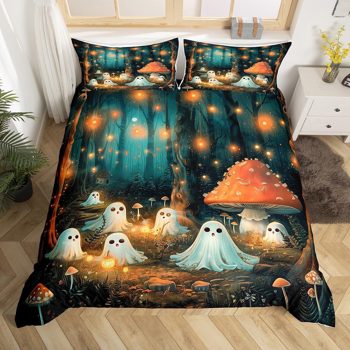 

Lovely Ghost Soft Duvet Cover Twin King Halowen Beding Set for Children Kids Girl Microfiber Hor Theme Warm Comforter Cover featuring 2 Pilowcases 135*200cm Eu-Single