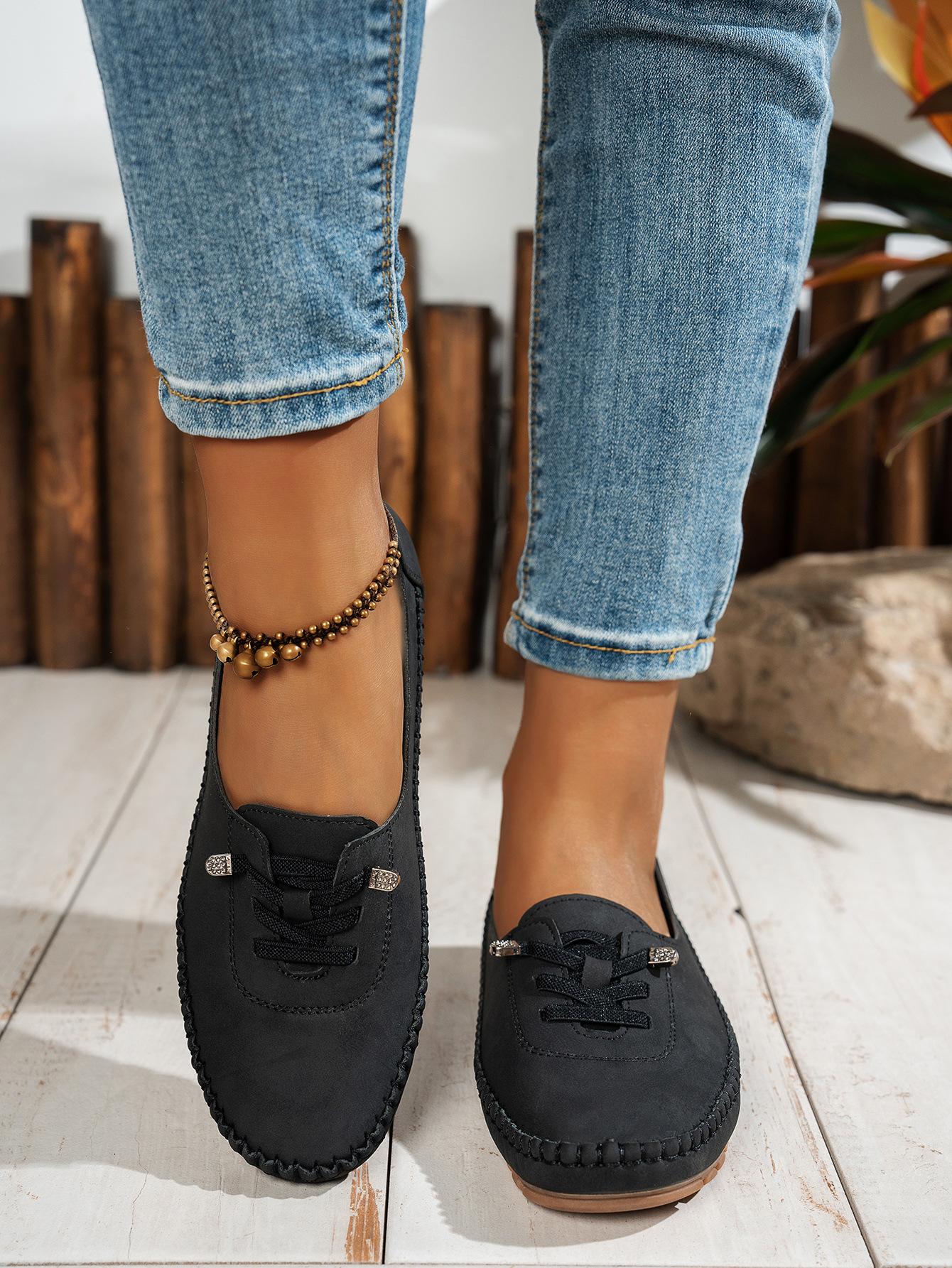 

Женские лоферы Модные на шнуровке Удобные с круглым носком Мягкая подошва Плоская подошва Для повседневной ходьбы Легкие Универсальные Накладные Повседневная обувь 36 чёрный