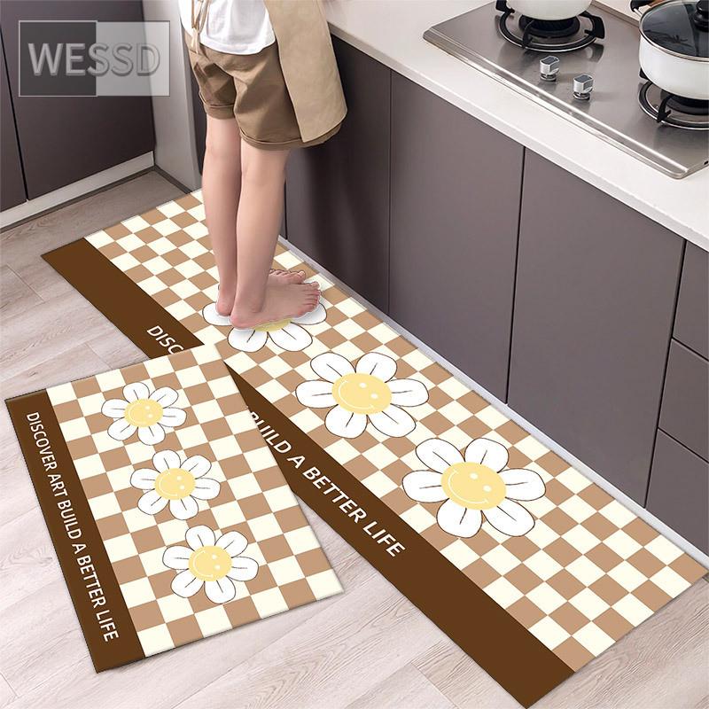 Tegneserie sjakkbrett Solblomst kjøkkenmattesett Søt løpeteppe til hjemmet Absorberende Anti-skli Vaskbare baderomsmatter 40x60cm 40x120cm 2 stk.