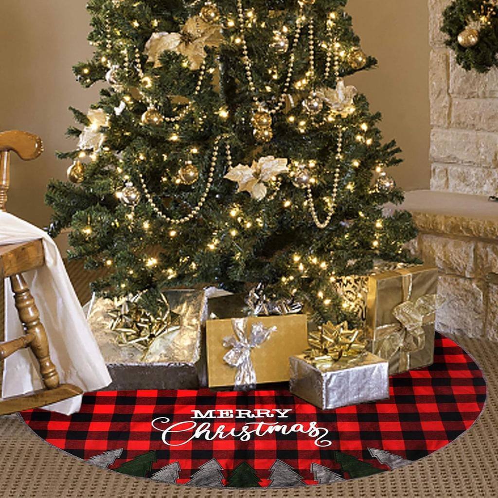 Juegoal 48 Inch Christmas Tree Skirt, Soft Red and Black Plaid Christmas Tree Mat for Xmas Party Decoration, Christmas Tree Holiday Decor