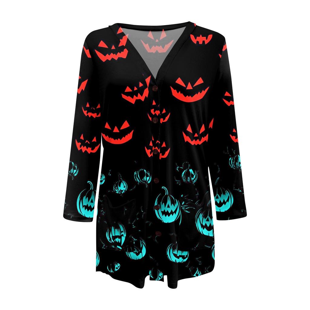Women's Casual Cardigan Halloween Printed Long Sleeve Top With Pockets