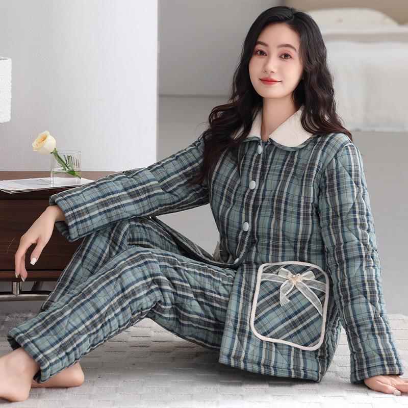 

Woven Pure Cotton Padded Jacket Pajamas Women S Winter Three-Layer Thickened And Velvet Mother Loungewear Winter Warm Suit 3XL