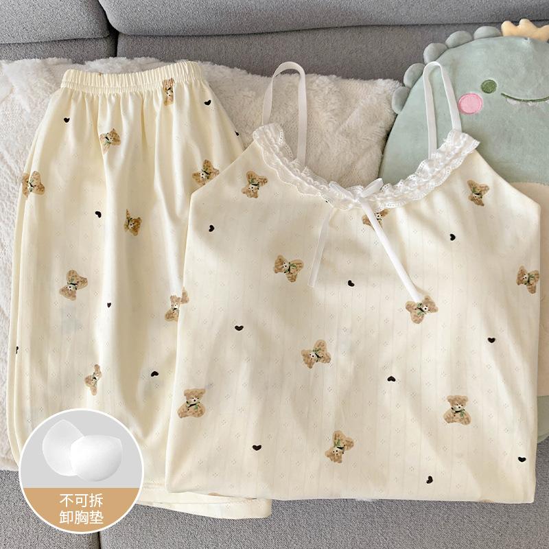 Summer Imitation Cotton Lace Edge Pure Desire Suspender Shorts Pajamas Women's Pajamas with Chest Pads Pajamas Set Loungewear Real Shot