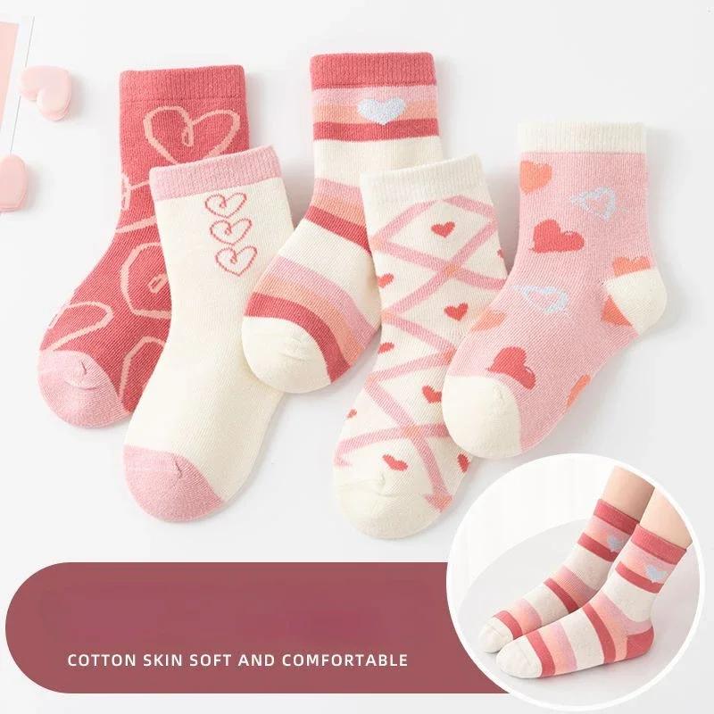 5 Pares/Lote Calcetines de Algodón Suave para Niños Estampado Coreano de Corazón de Amor Flor Calcetines de Bebé para Niña Otoño Invierno Cálidos Calcetines de Tubo Medio para Niños