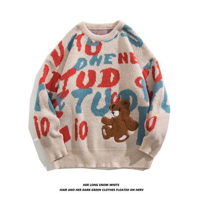 Men s Trendy Bear Knit Sweater - Spring/Autumn Korean & Japanese Style Large