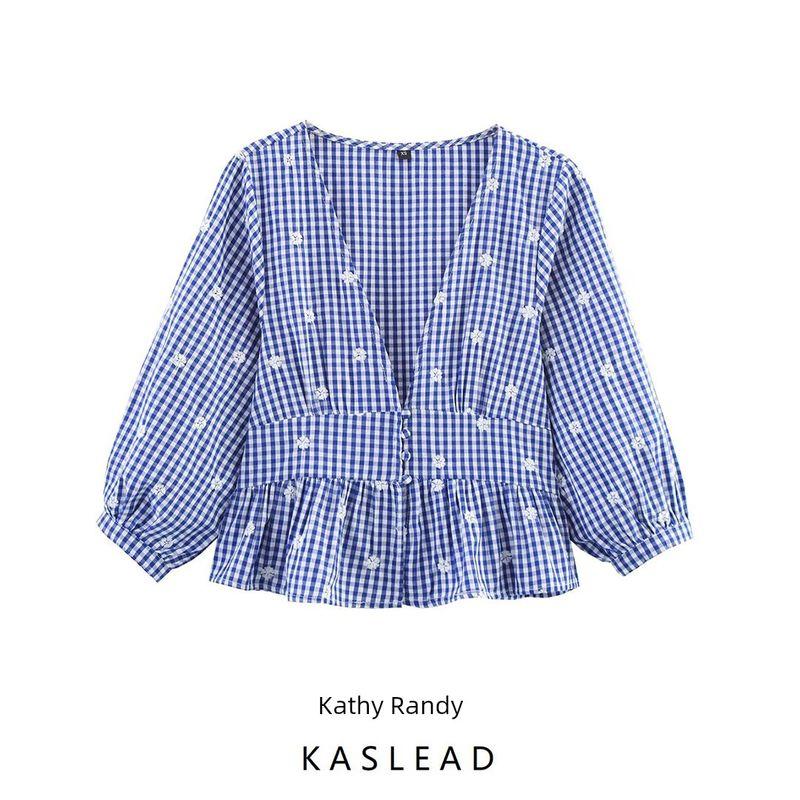 Kaslead New Women Clothes Western Style Fashion Loose Embroidery Small Plaid Top 3564052
