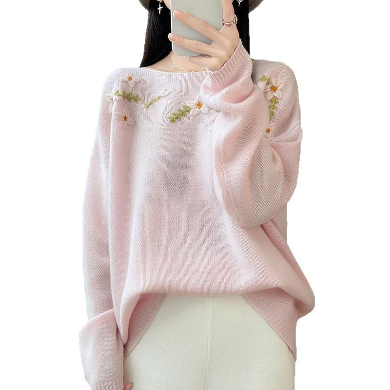 Blue Off-Shoulder 3D Flower Wool Sweater for Women