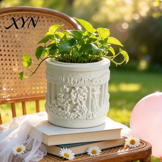 Removable Inner Basin Pot Mini Roman Column Planter, Vintage Embossed Flower Pot, Small Greek Split Tank Planter Pillar Shaped Plant Container