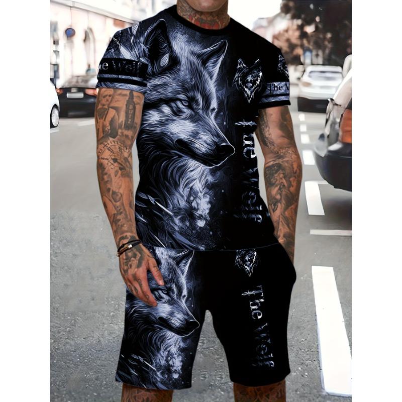Summer men's sports suit wolf 3D 3D 3D printed short sleeved T-shirt shorts set