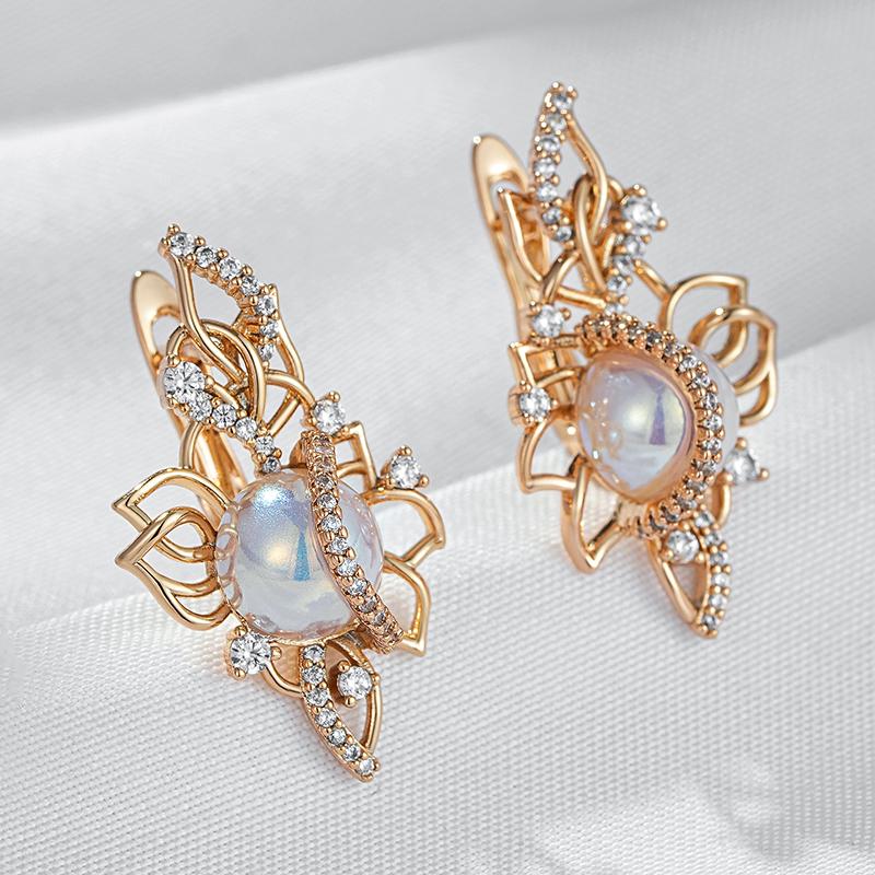 Luxury  Rose Gold Drop Earrings For Women Unique Geometric Hollow Bridal Accessories Natural Zircon Pearl Jewelry Gift