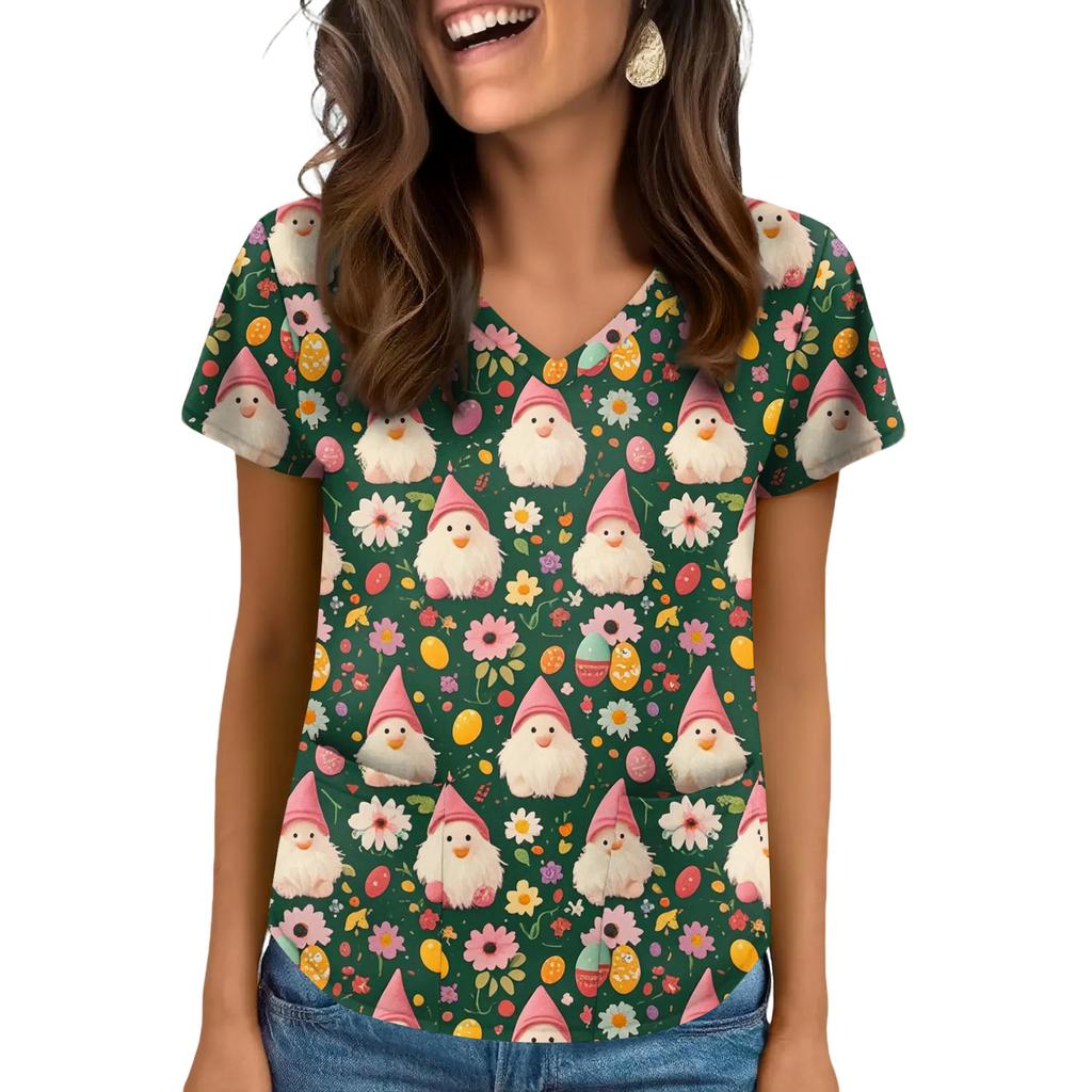 Women's V-Neck Easter Print Short-Sleeve Pocket Top With Side Slit