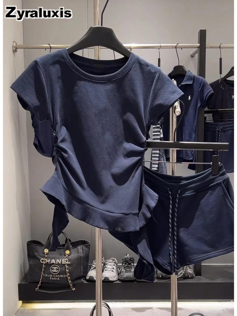 Korean Style Crisscross Crop Top Women's Summer Slim Fit Elegant Irregular Ruffle T-Shirt