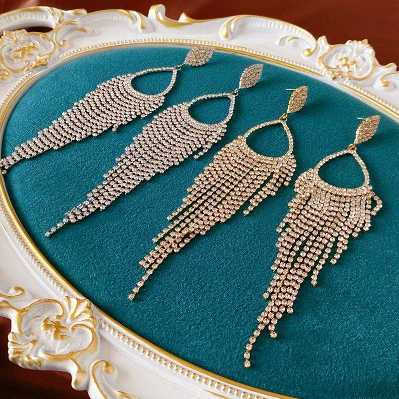 Light luxury style diamond-encrusted water drop long fringed silver needle earrings personality exaggerated niche temperament high-end earrings