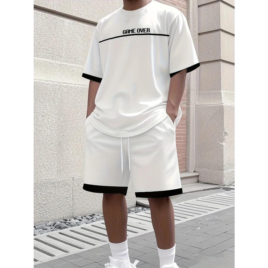 Summer Solid-Color T-Shirt and Shorts Set Letter Print Short-Sleeve Top with Drawstring Shorts Streetwear Men Fashion Sportswear