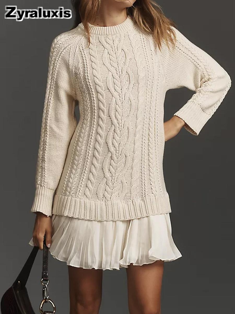 Herbst Winter Rundhals Uni Langarm Strickpullover Lässiger Patchwork Minirock für Damen XXL weiß