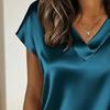 Women Tops Loose Fit Summer Blouse V-Neck Short Sleeve Smooth Satin Soft Stretchy Pullover