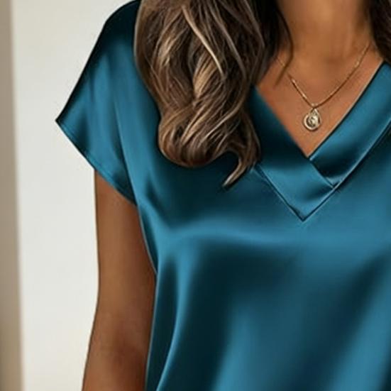 Women Tops Loose Fit Summer Blouse V-Neck Short Sleeve Smooth Satin Soft Stretchy Pullover