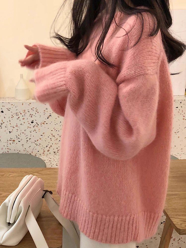 Mléčně žlutý mohérový volný pletený svetr - Dámský jarní/letní petite líný styl, silný kulatý výstřih, pulovr