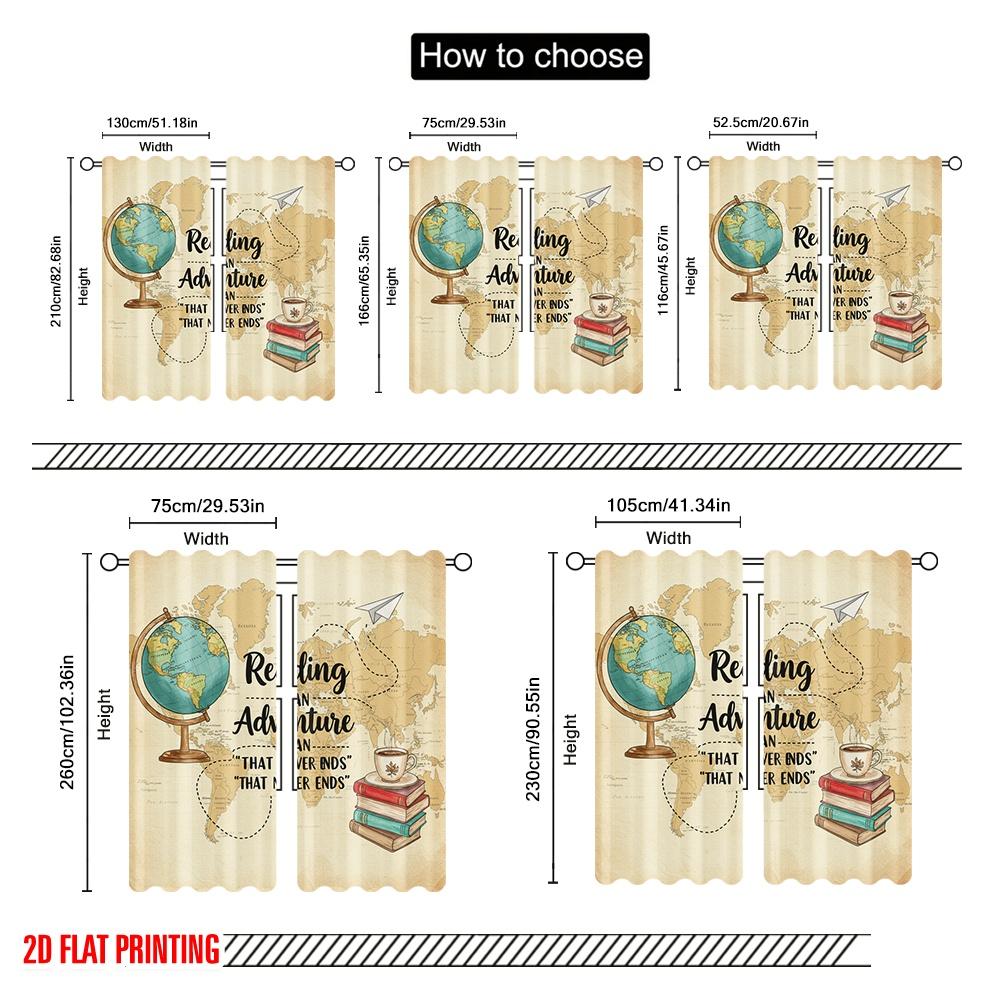 2pcs 2D Flat Printing Party Curtain Reading Adventure Globe Books Polyester Without Electricity Festive Holiday Use for Entryway