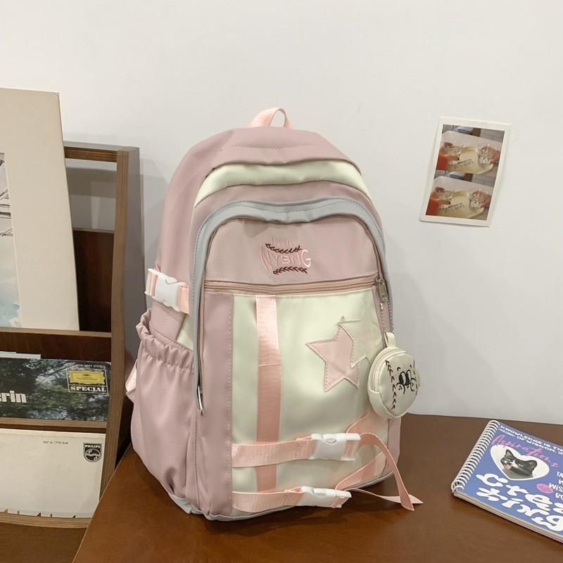 Blocked Fashionable Color Letter Embroidery Star Decoration Student Backpack