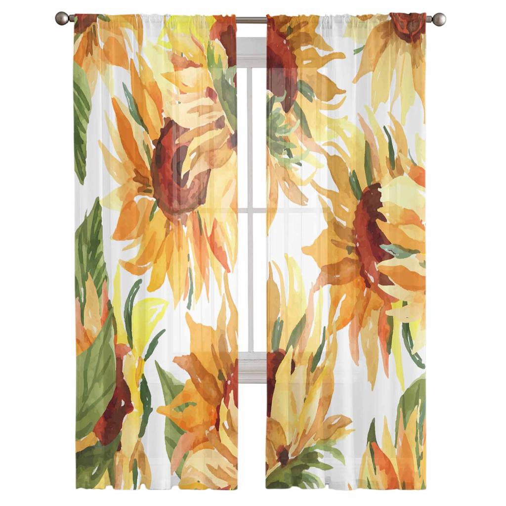 Plants Watercolor Grass Leaves Sunflowers Bedroom Curtains Tulle Sheer Curtain Living Room Home Decor Voile Drapes