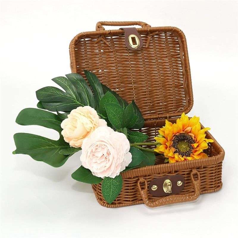 Wicker Picnic Basket, Vintage Decorative Prop Suitcase Storage Hamper Makeup Organizer,Metal Lock Plastic Rattan