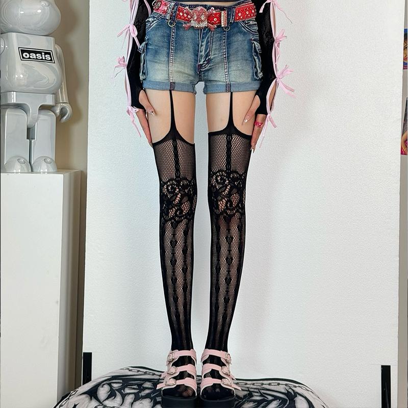 Y2K Grils Women'S Fishnet Stockings Tights High Waist Lace Suspender Pantyhose Summer Sexy Hollow Out Jk Stocking