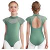 Girls Lace Cap Sleeves Dance Leotard Sheer Mesh Patchwork Cutout Bodysuit for Ballet Practice Exam