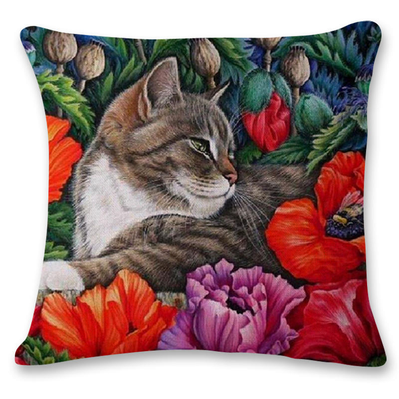 Creative Hand Painted Cat Print Polyester Pillowcase Home Car Cushion Pillow Sofa