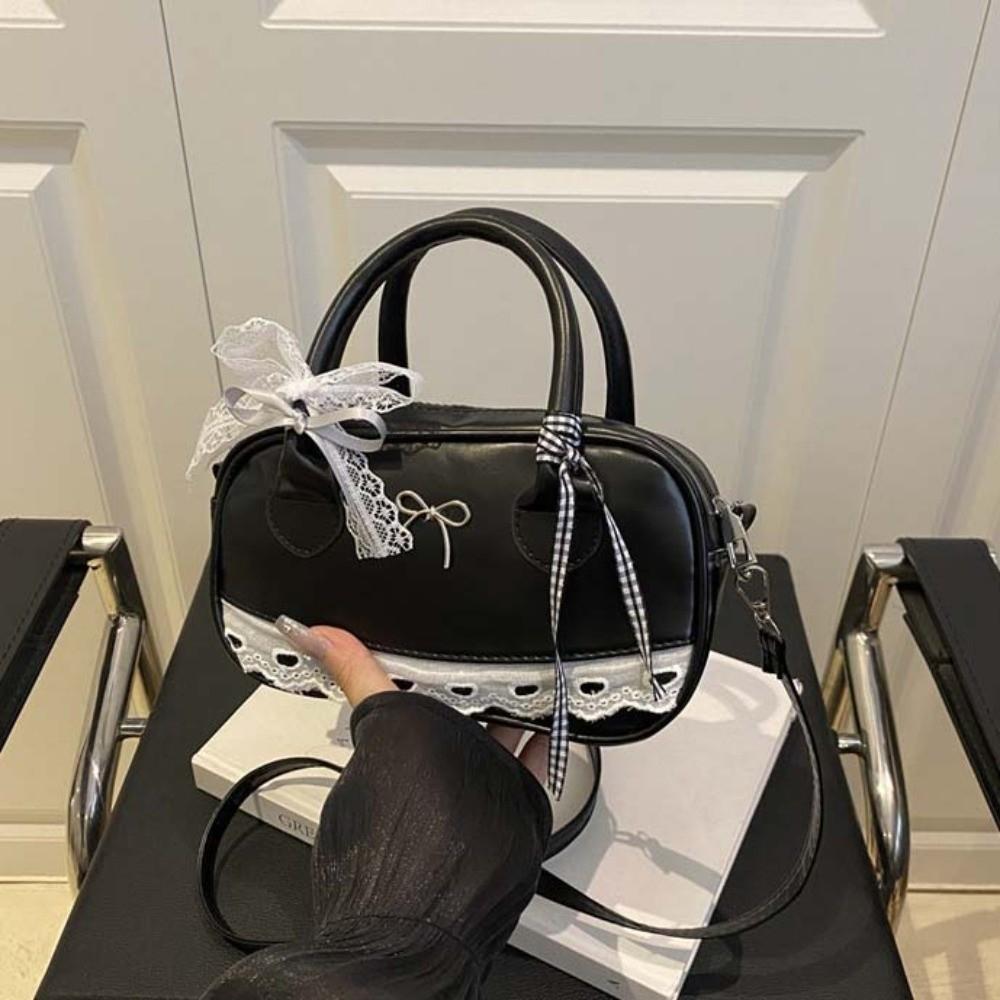 Spitzenband Umhängetasche Bowlingtasche PU-Leder Kleine quadratische Tasche Reißverschluss Boston Handtasche Schule