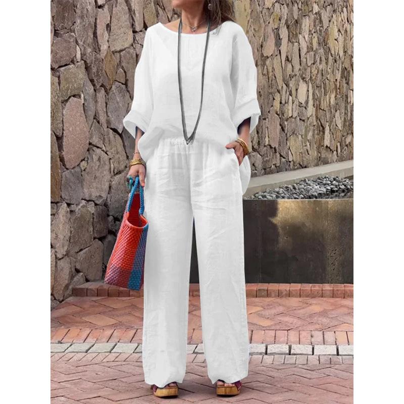 Women's Loose Fit Two-Piece Outfit Set 3/4 Sleeve Boat Neck Top High Waist Wide Leg Pants