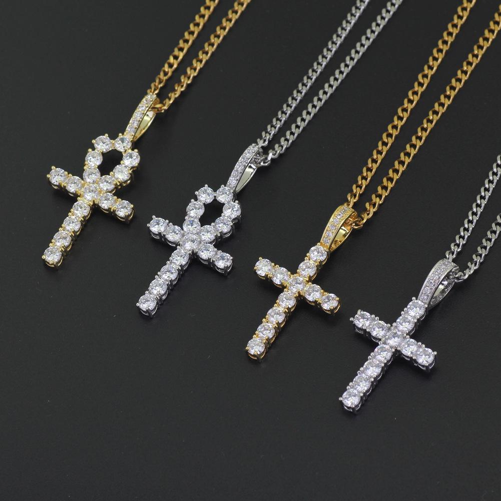Copper European American Hip Hop Zirconia Ankh Cross Men's Necklace