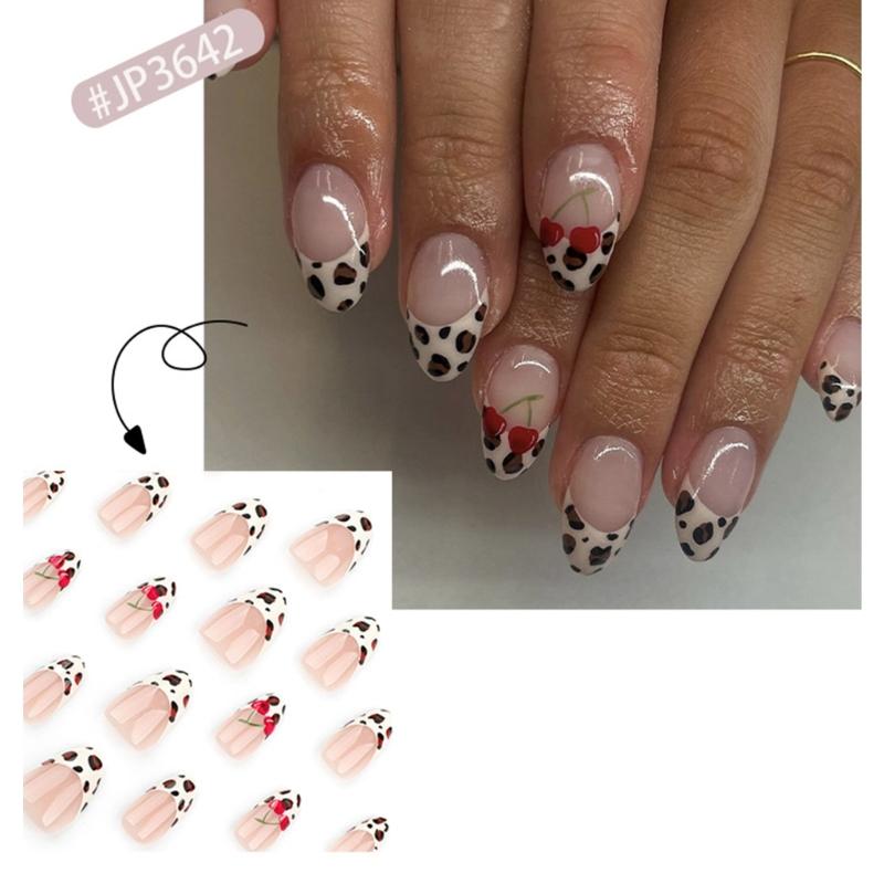 Balení 24 vícebarevných lisovacích nehtů z ABS plastu s designem leopardích třešní pro stylovou manikúru, ozdoba na falešné nehty