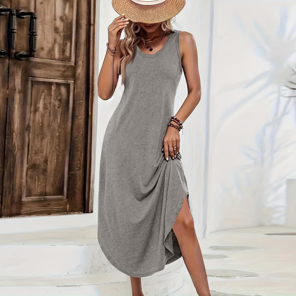 Ärmelloses lässiges Midi-Kleid in einfarbiger Ausführung mit lockerem Schnitt und seitlichem Schlitz, bequemes Sommerkleid für Damen