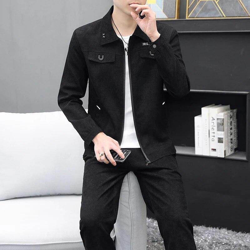 Men Autumn  Casual Track Suit Corduroy Sets Two Piece Long Trousers and Jakcet Clothing Men  Pockets Suits