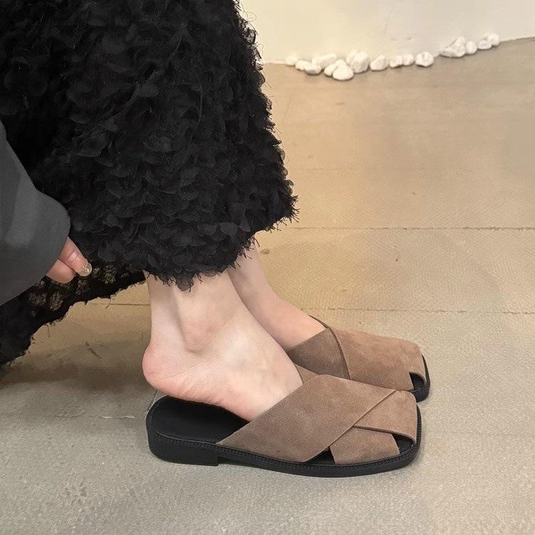 Retro suede square head half slippers women's outer wear spring and summer 2025 new French niche one-pedal sandals