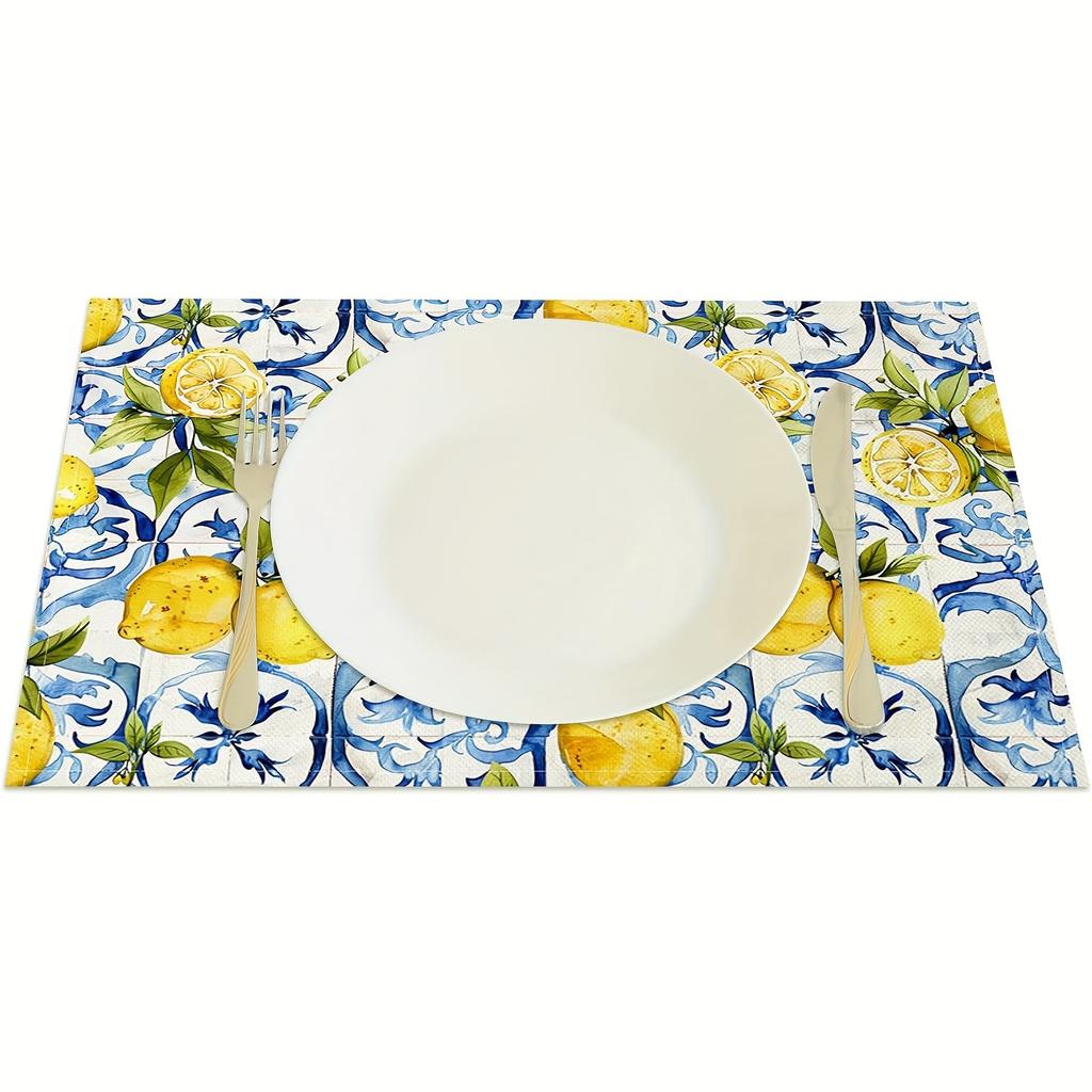 4/6pcs Set of Blue and Yellow Lemon Placemats with Vibrant Fruit and Floral Pattern in Blue Tile. Suitable for Home Kitchen, Restaurant, Party, Indoor