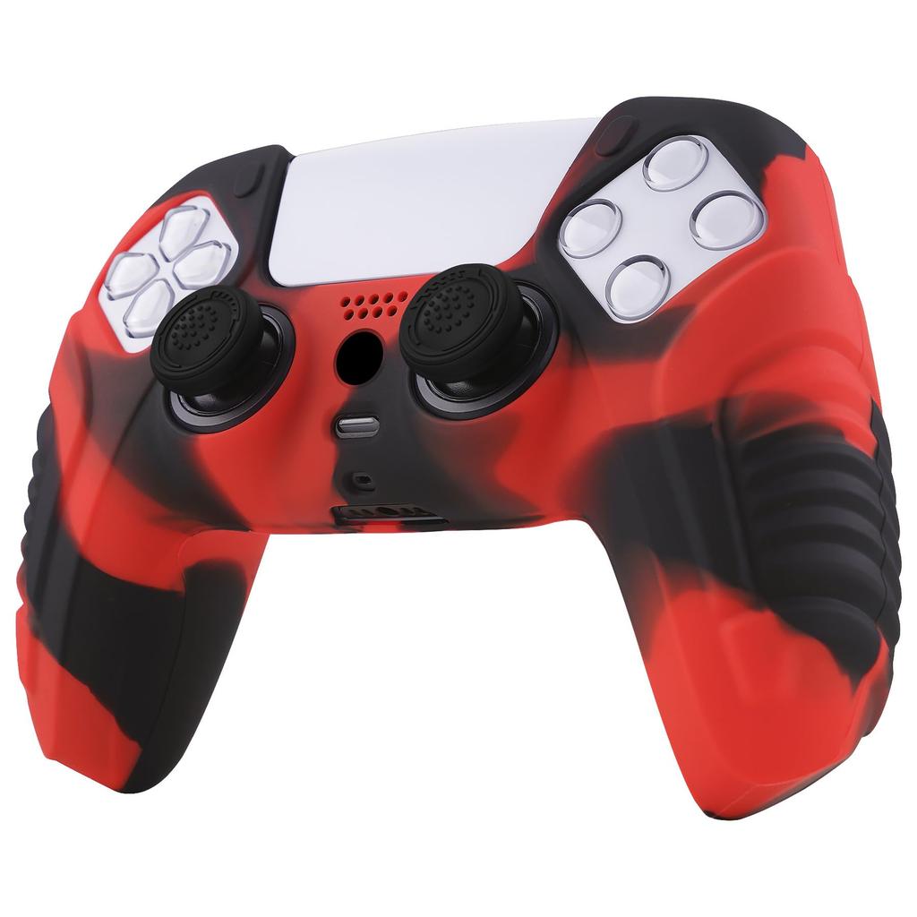 PlayVital PS5 Controller Protective Case Rubber Protective Case for PS5 Wireless Soft Silicone Skin with Thumb Grip Caps Warrior Red Black Cover,