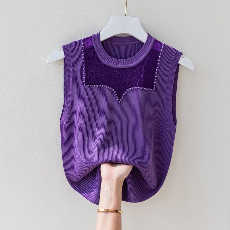 Strap Vest, Women's Round Neck, Mesh, Temperament, Nail Bead, Sleeveless Knit Sweater, Summer Top