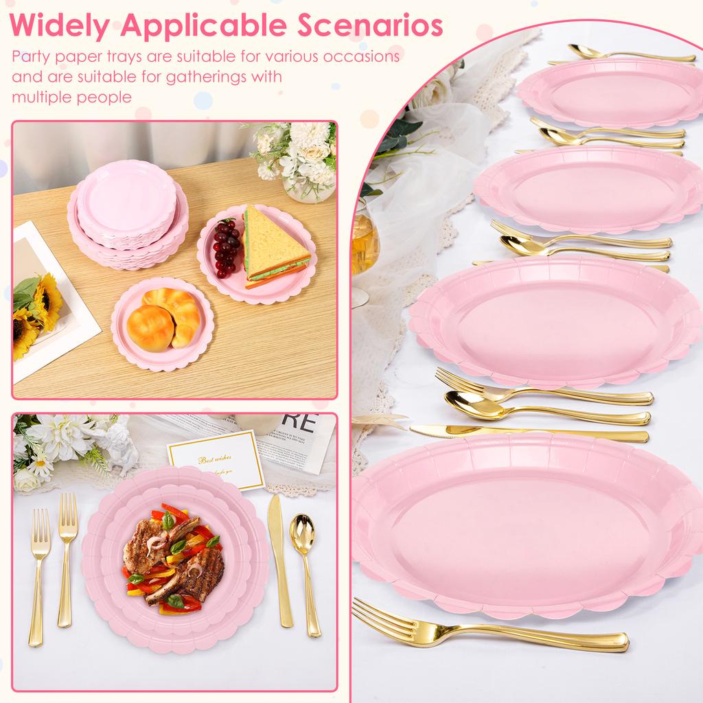 100Pcs Thickened Scalloped Paper Plate Set 7/8.8'' Decorative Scalloped Dinner Plate Disposable Dessert Plate for Wedding Party