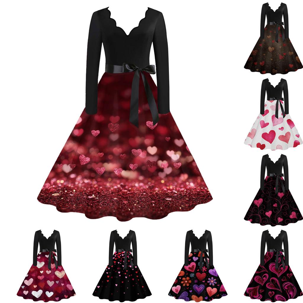 Damen Casual Mode V-Ausschnitt Valentinstag Print Retro Kleid