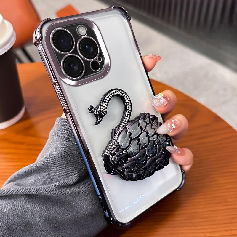 Suitable for IPhone16, Diamond-encrusted Swan Stand, Apple 15, Electroplated Four-corner Airbags, Anti-drop 14proMax